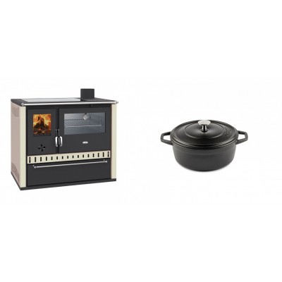 Set Küchenofen / Küchenhexe Wasserführend Prity GT W10 Elfenbein, mit Edelstahl-Backofen, Glaskeramik-Kochfeld und Schublade, 13.3 kW + Gusseisen Topf Tiefer Solagio, Black Onyx, Ф12 - Holzofen Prity