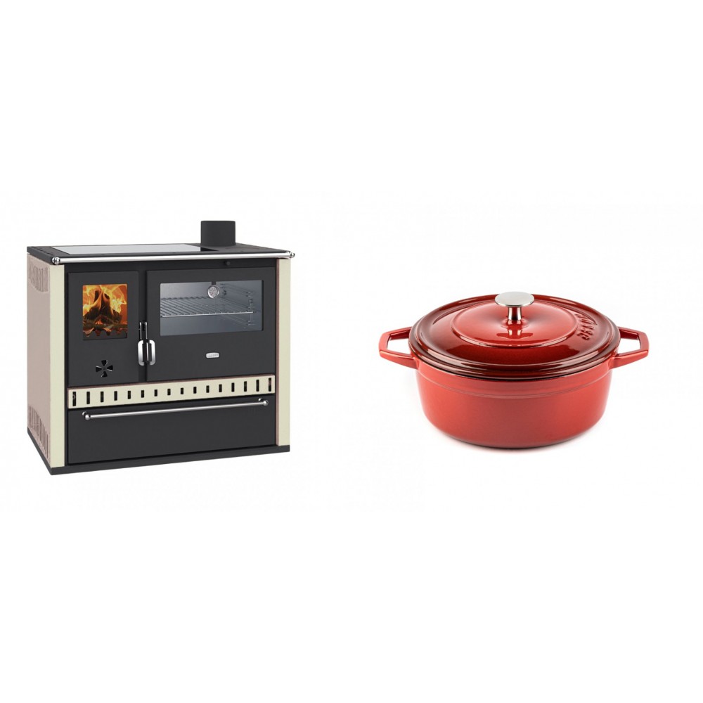 Set Küchenofen / Küchenhexe Wasserführend Prity GT W10 Elfenbein, mit Edelstahl-Backofen, Glaskeramik-Kochfeld und Schublade, 13.3 kW + Gusseisen Topf Tiefer Solagio, Rubin, Ф20 | Kaminofen - Holzofen mit Backfach | Kaminofen |