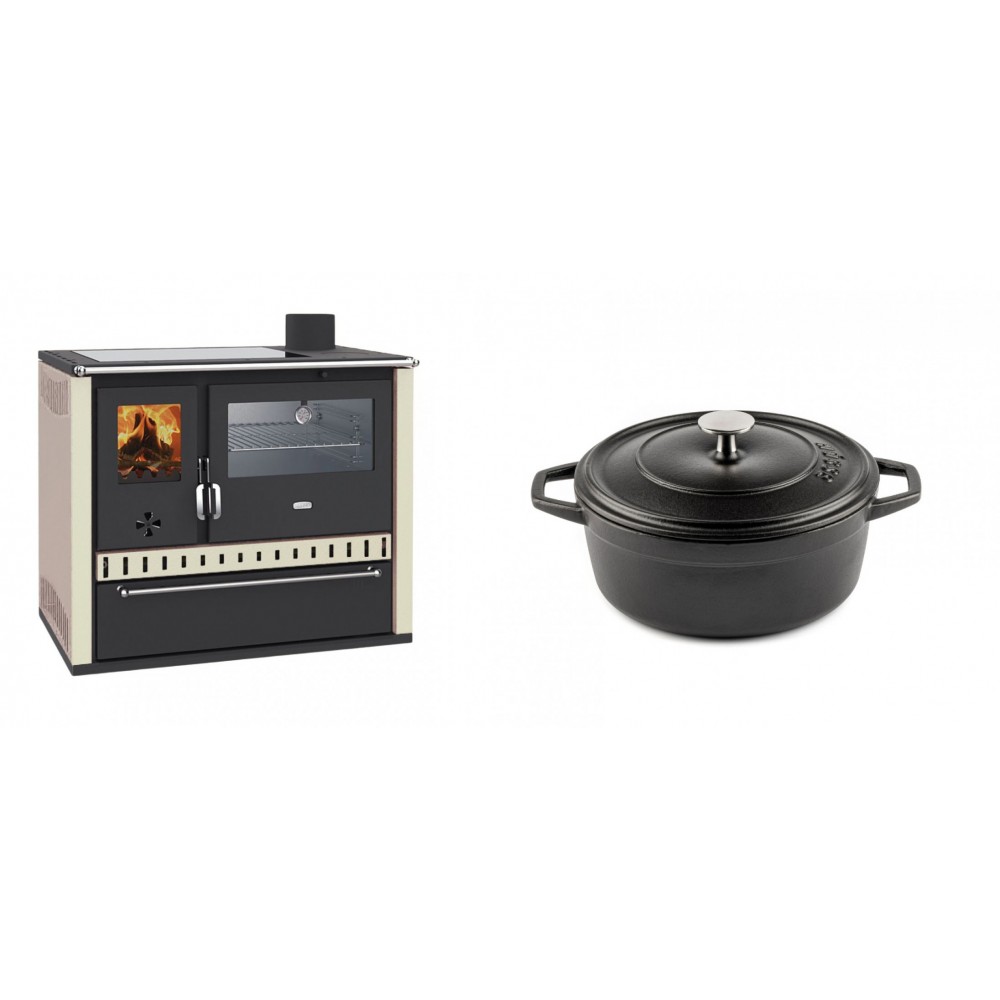 Set Küchenofen / Küchenhexe Wasserführend Prity GT W10 Elfenbein, mit Edelstahl-Backofen, Glaskeramik-Kochfeld und Schublade, 13.3 kW + Gusseisen Topf Tiefer Solagio, Black Onyx, Ф20