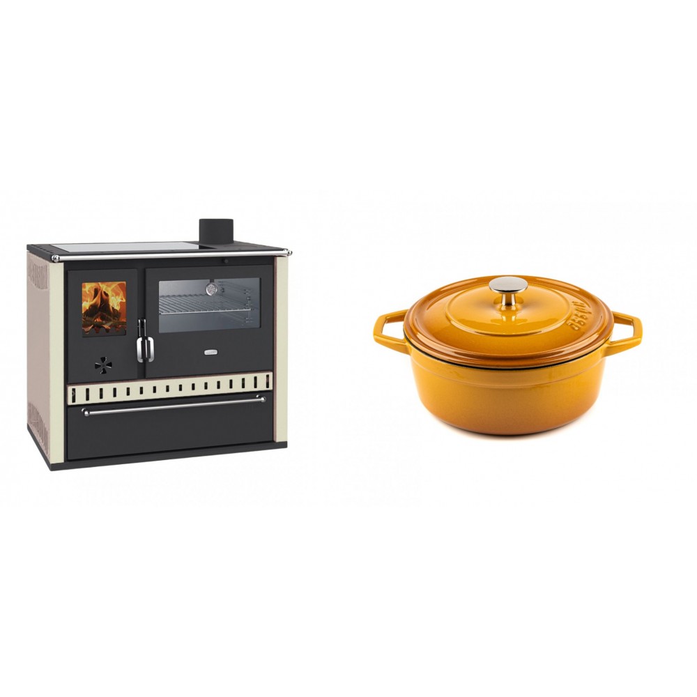 Set Küchenofen / Küchenhexe Wasserführend Prity GT W10 Elfenbein, mit Edelstahl-Backofen, Glaskeramik-Kochfeld und Schublade, 13.3 kW + Gusseisen Topf Tiefer Solagio, Dijon, Ф20