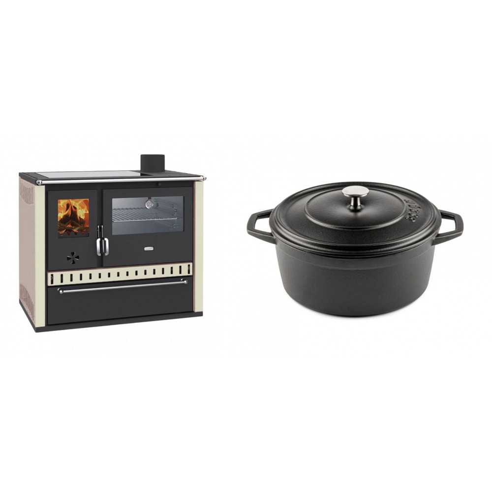 Set Küchenofen / Küchenhexe Wasserführend Prity GT W10 Elfenbein, mit Edelstahl-Backofen, Glaskeramik-Kochfeld und Schublade, 13.3 kW + Gusseisen Topf Tiefer Solagio, Black Onyx, Ф24 | Kaminofen - Holzofen mit Backfach | Kaminofen |