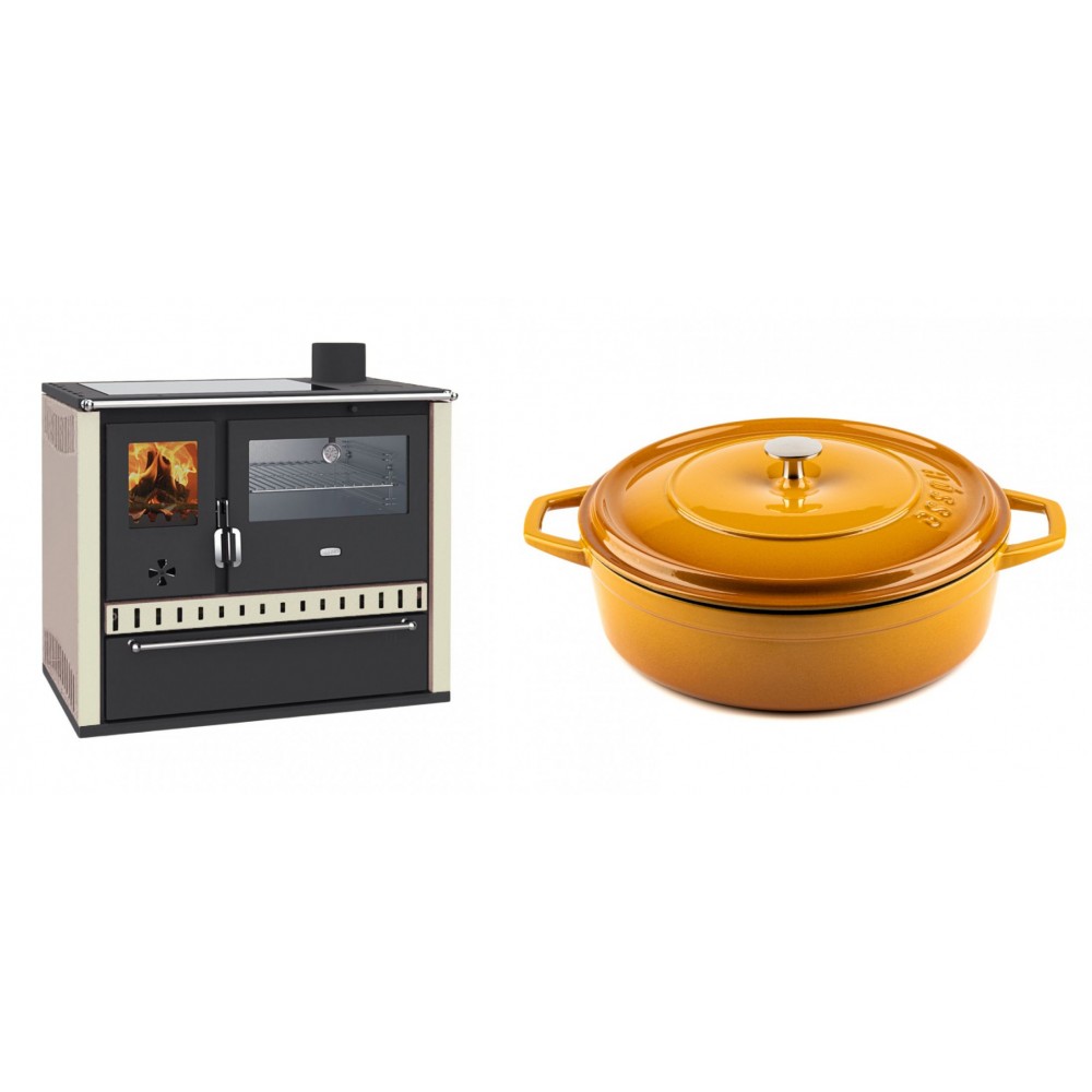 Set Küchenofen / Küchenhexe Wasserführend Prity GT W10 Elfenbein, mit Edelstahl-Backofen, Glaskeramik-Kochfeld und Schublade, 13.3 kW + Gusseisen Topf Flach Solagio, Dijon, Ф28