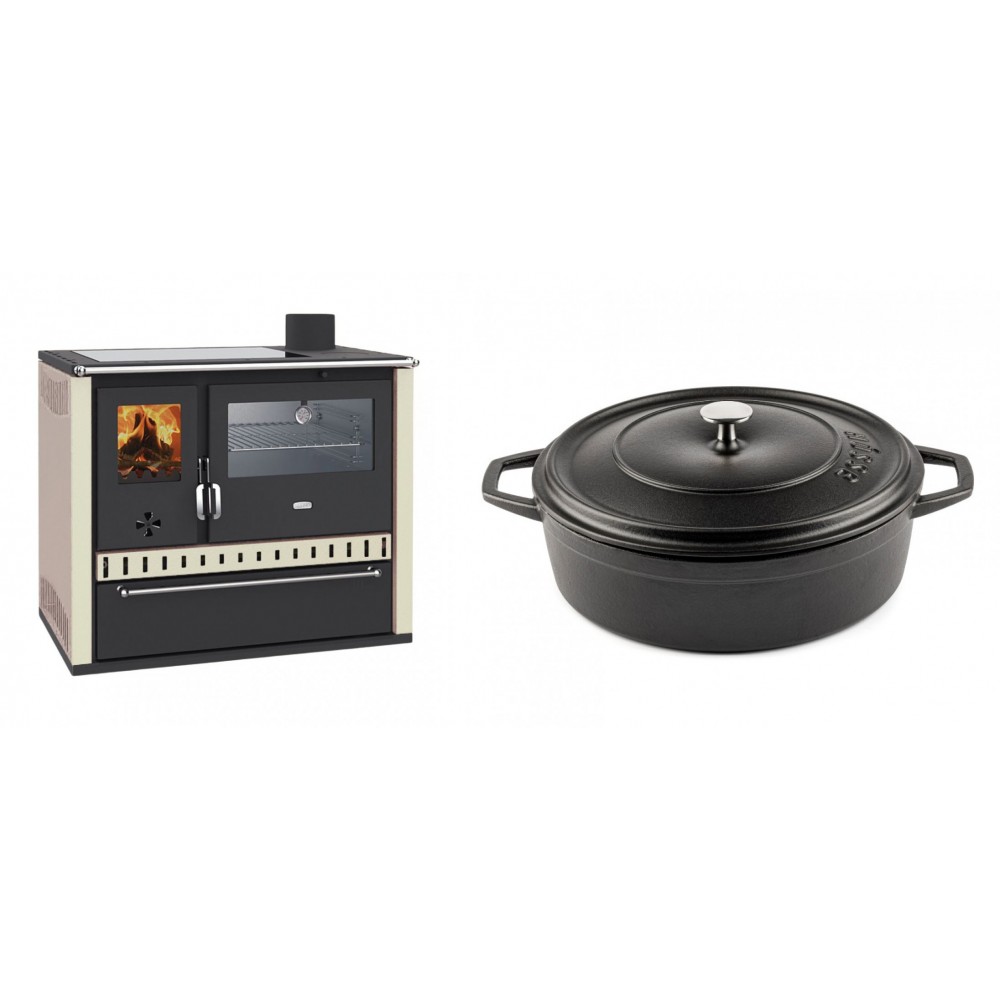 Set Küchenofen / Küchenhexe Wasserführend Prity GT W10 Elfenbein, mit Edelstahl-Backofen, Glaskeramik-Kochfeld und Schublade, 13.3 kW + Gusseisen Topf Flach Solagio, Black Onyx, Ф28