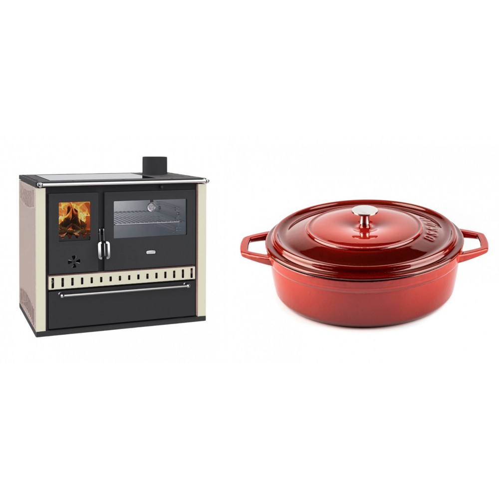 Set Küchenofen / Küchenhexe Wasserführend Prity GT W10 Elfenbein, mit Edelstahl-Backofen, Glaskeramik-Kochfeld und Schublade, 13.3 kW + Gusseisen Topf Flach Solagio, Rubin, Ф28