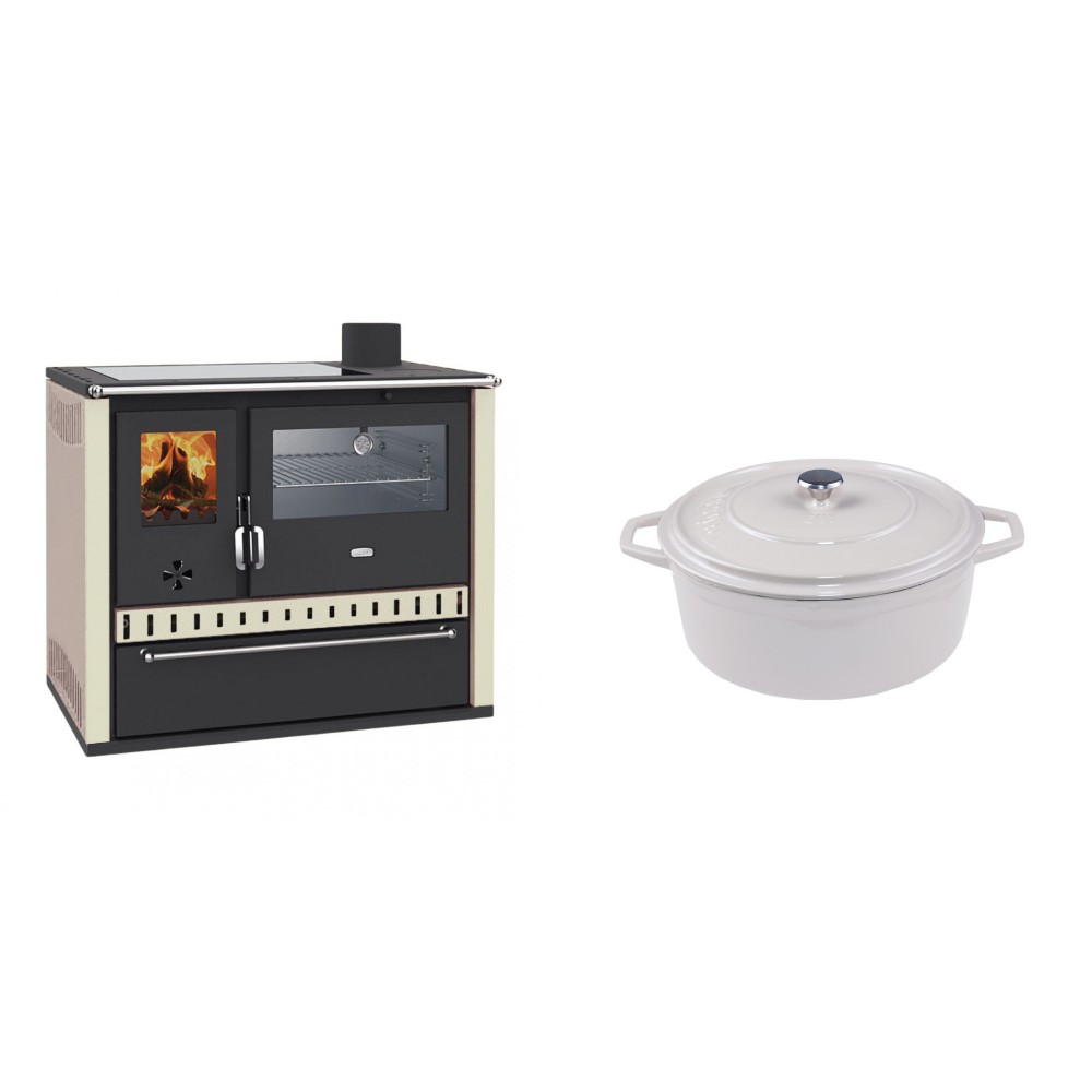 Set Küchenofen / Küchenhexe Wasserführend Prity GT W10 Elfenbein, mit Edelstahl-Backofen, Glaskeramik-Kochfeld und Schublade, 13.3 kW + Gusseisen Topf Tiefer Solagio, Ivory, Ф20 | Kaminofen - Holzofen mit Backfach | Kaminofen |