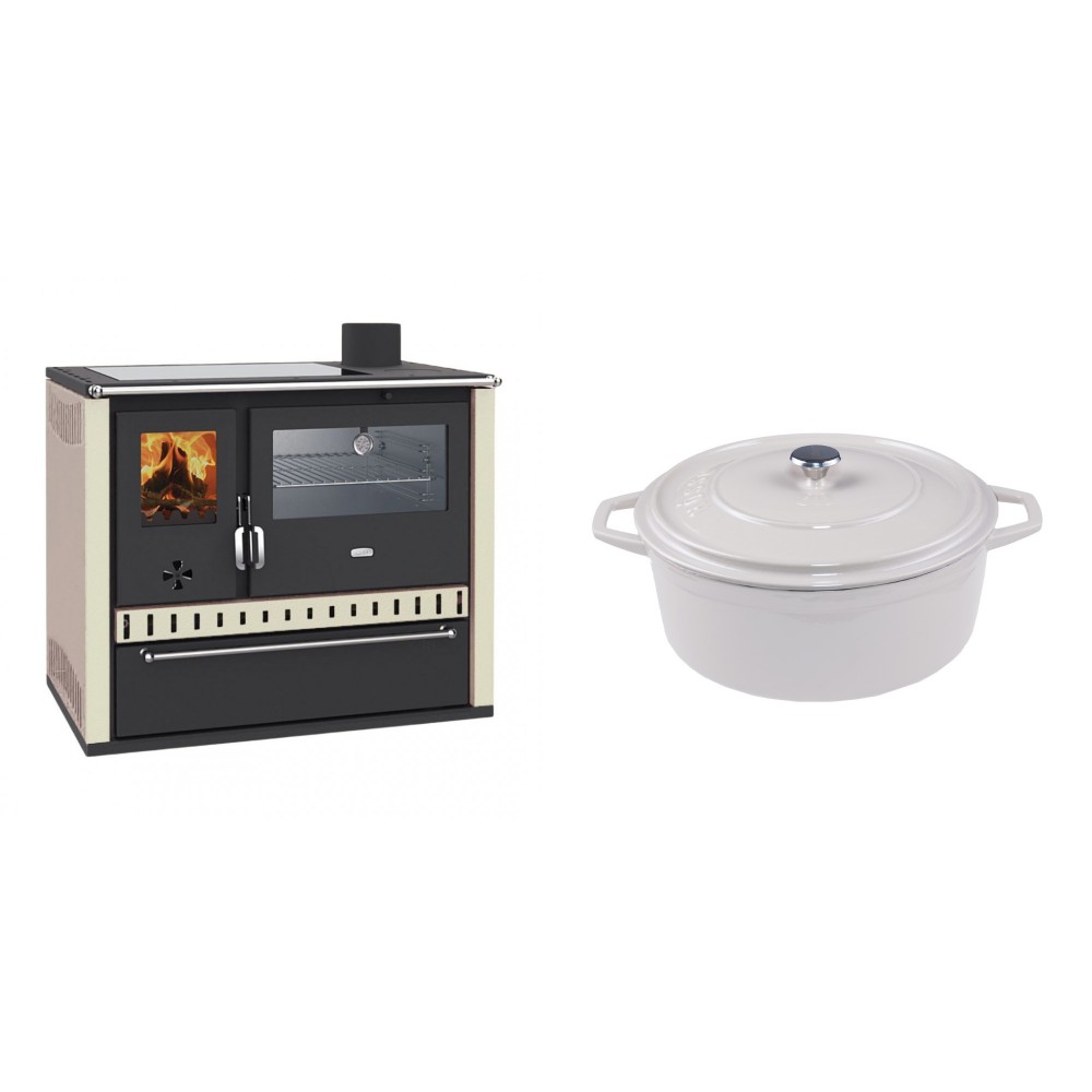 Set Küchenofen / Küchenhexe Wasserführend Prity GT W10 Elfenbein, mit Edelstahl-Backofen, Glaskeramik-Kochfeld und Schublade, 13.3 kW + Gusseisen Topf Tiefer Solagio, Ivory, Ф24