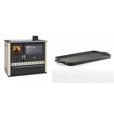 Set Küchenofen / Küchenhexe Wasserführend Prity GT W10 Elfenbein, mit Edelstahl-Backofen, Glaskeramik-Kochfeld und Schublade, 13.3 kW + Große Grillplatte aus Gusseisen Solagio, 25x44cm - Holzofen Prity