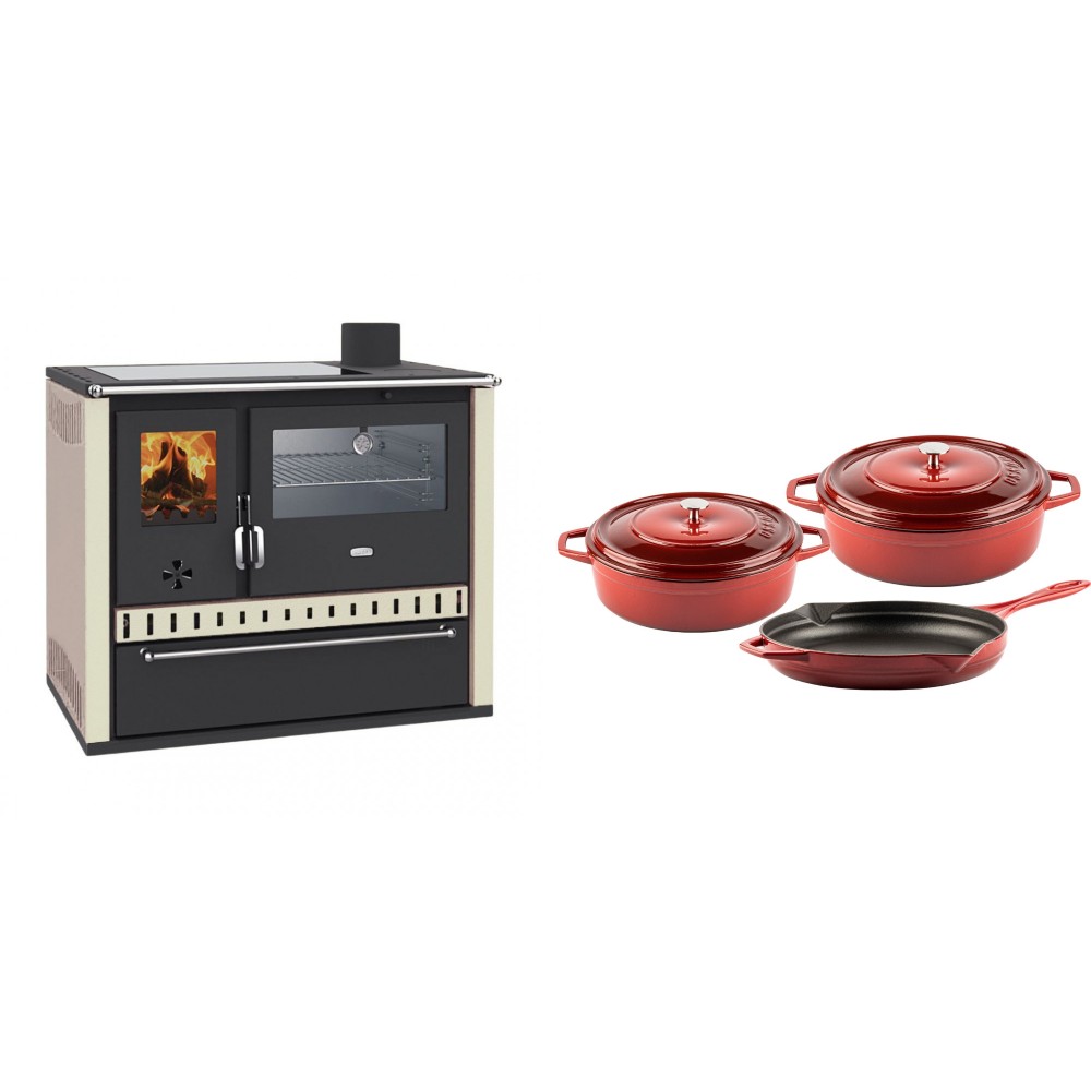 Set Küchenofen / Küchenhexe Wasserführend Prity GT W10 Elfenbein, mit Edelstahl-Backofen, Glaskeramik-Kochfeld und Schublade, 13.3 kW + Gusseisen Topf Set aus 3 teilen Solagio, Rubin | Kaminofen - Holzofen mit Backfach | Kaminofen |