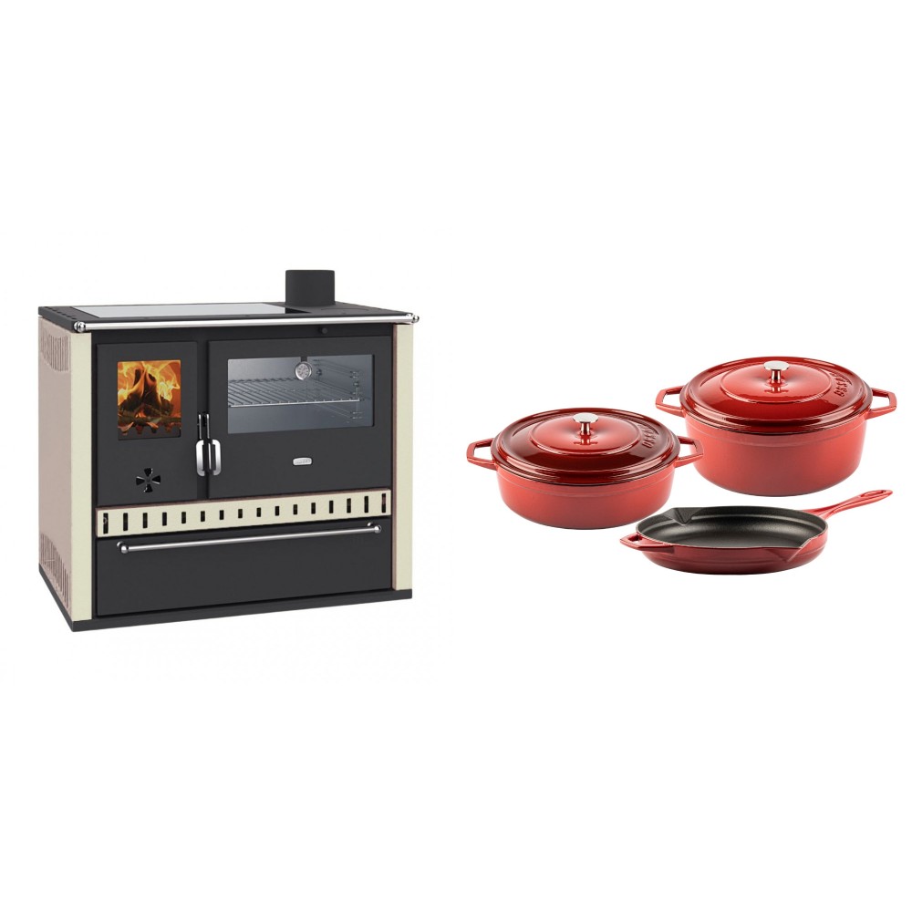 Set Küchenofen / Küchenhexe Wasserführend Prity GT W10 Elfenbein, mit Edelstahl-Backofen, Glaskeramik-Kochfeld und Schublade, 13.3 kW + Gusseisen Topf Set aus 3 teilen Solagio, Rubin | Kaminofen - Holzofen mit Backfach | Kaminofen |