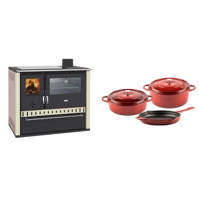 Set Küchenofen / Küchenhexe Wasserführend Prity GT W10 Elfenbein, mit Edelstahl-Backofen, Glaskeramik-Kochfeld und Schublade, 13.3 kW + Gusseisen Topf Set aus 3 teilen Solagio, Rubin - Holzofen Prity
