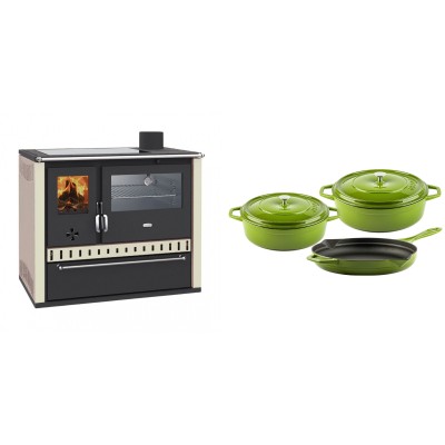 Set Küchenofen / Küchenhexe Wasserführend Prity GT W10 Elfenbein, mit Edelstahl-Backofen, Glaskeramik-Kochfeld und Schublade, 13.3 kW + Gusseisen Topf Set aus 3 teilen Solagio, Bamboo - Holzofen Prity