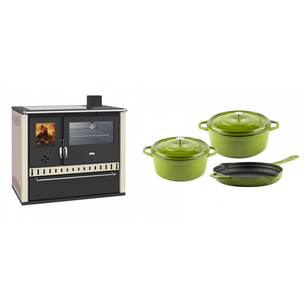 Set Küchenofen / Küchenhexe Wasserführend Prity GT W10 Elfenbein, mit Edelstahl-Backofen, Glaskeramik-Kochfeld und Schublade, 13.3 kW + Gusseisen Topf Set aus 3 teilen Solagio, Bamboo