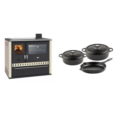Set Küchenofen / Küchenhexe Wasserführend Prity GT W10 Elfenbein, mit Edelstahl-Backofen, Glaskeramik-Kochfeld und Schublade, 13.3 kW + Gusseisen Topf Set aus 3 teilen Solagio, Black Onyx - Holzofen Prity