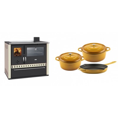 Set Küchenofen / Küchenhexe Wasserführend Prity GT W10 Elfenbein, mit Edelstahl-Backofen, Glaskeramik-Kochfeld und Schublade, 13.3 kW + Gusseisen Topf Set aus 3 teilen Solagio, Dijon - Holzofen Prity