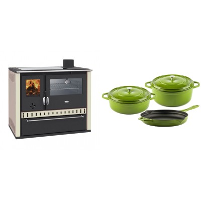 Set Küchenofen / Küchenhexe Wasserführend Prity GT W10 Elfenbein, mit Edelstahl-Backofen, Glaskeramik-Kochfeld und Schublade, 13.3 kW + Gusseisen Topf Set aus 3 teilen Solagio, Bamboo - Holzofen Prity