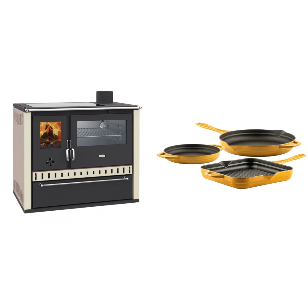 Set Küchenofen / Küchenhexe Wasserführend Prity GT W10 Elfenbein, mit Edelstahl-Backofen, Glaskeramik-Kochfeld und Schublade, 13.3 kW + Gusseisen Topf Set aus 3 teilen Solagio, Dijon | Kaminofen - Holzofen mit Backfach | Kaminofen |