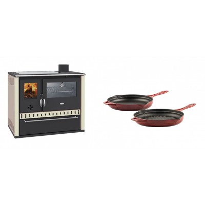 Set Küchenofen / Küchenhexe Wasserführend Prity GT W10 Elfenbein, mit Edelstahl-Backofen, Glaskeramik-Kochfeld und Schublade, 13.3 kW + Gusseisen Topf Set aus 2 teilen Solagio, Rubin - Holzofen Prity