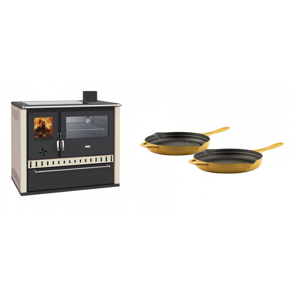 Set Küchenofen / Küchenhexe Wasserführend Prity GT W10 Elfenbein, mit Edelstahl-Backofen, Glaskeramik-Kochfeld und Schublade, 13.3 kW + Gusseisen Topf Set aus 2 teilen Solagio, Dijon