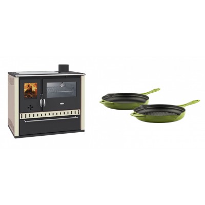 Set Küchenofen / Küchenhexe Wasserführend Prity GT W10 Elfenbein, mit Edelstahl-Backofen, Glaskeramik-Kochfeld und Schublade, 13.3 kW + Gusseisen Topf Set aus 2 teilen Solagio, Bamboo - Holzofen Prity