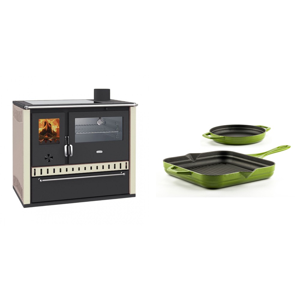 Set Küchenofen / Küchenhexe Wasserführend Prity GT W10 Elfenbein, mit Edelstahl-Backofen, Glaskeramik-Kochfeld und Schublade, 13.3 kW + Gusseisen Topf Set aus 2 teilen Solagio, Bamboo