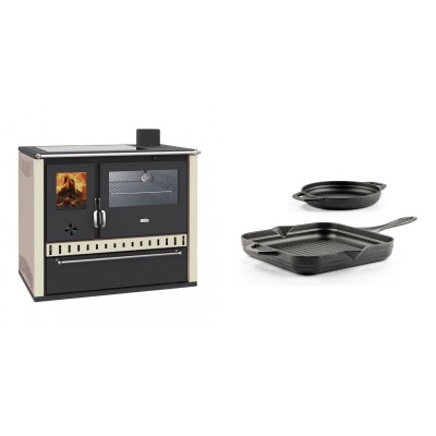 Set Küchenofen / Küchenhexe Wasserführend Prity GT W10 Elfenbein, mit Edelstahl-Backofen, Glaskeramik-Kochfeld und Schublade, 13.3 kW + Gusseisen Topf Set aus 2 teilen Solagio, Black Onyx - Holzofen Prity