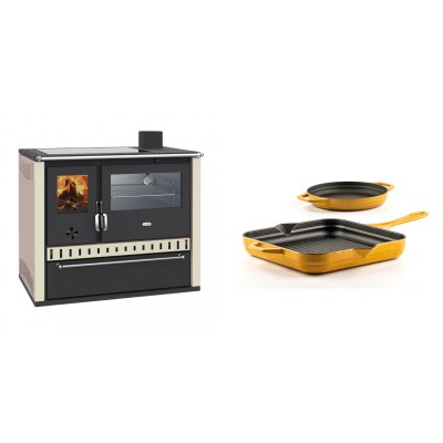 Set Küchenofen / Küchenhexe Wasserführend Prity GT W10 Elfenbein, mit Edelstahl-Backofen, Glaskeramik-Kochfeld und Schublade, 13.3 kW + Gusseisen Topf Set aus 2 teilen Solagio, Dijon - Holzofen Prity