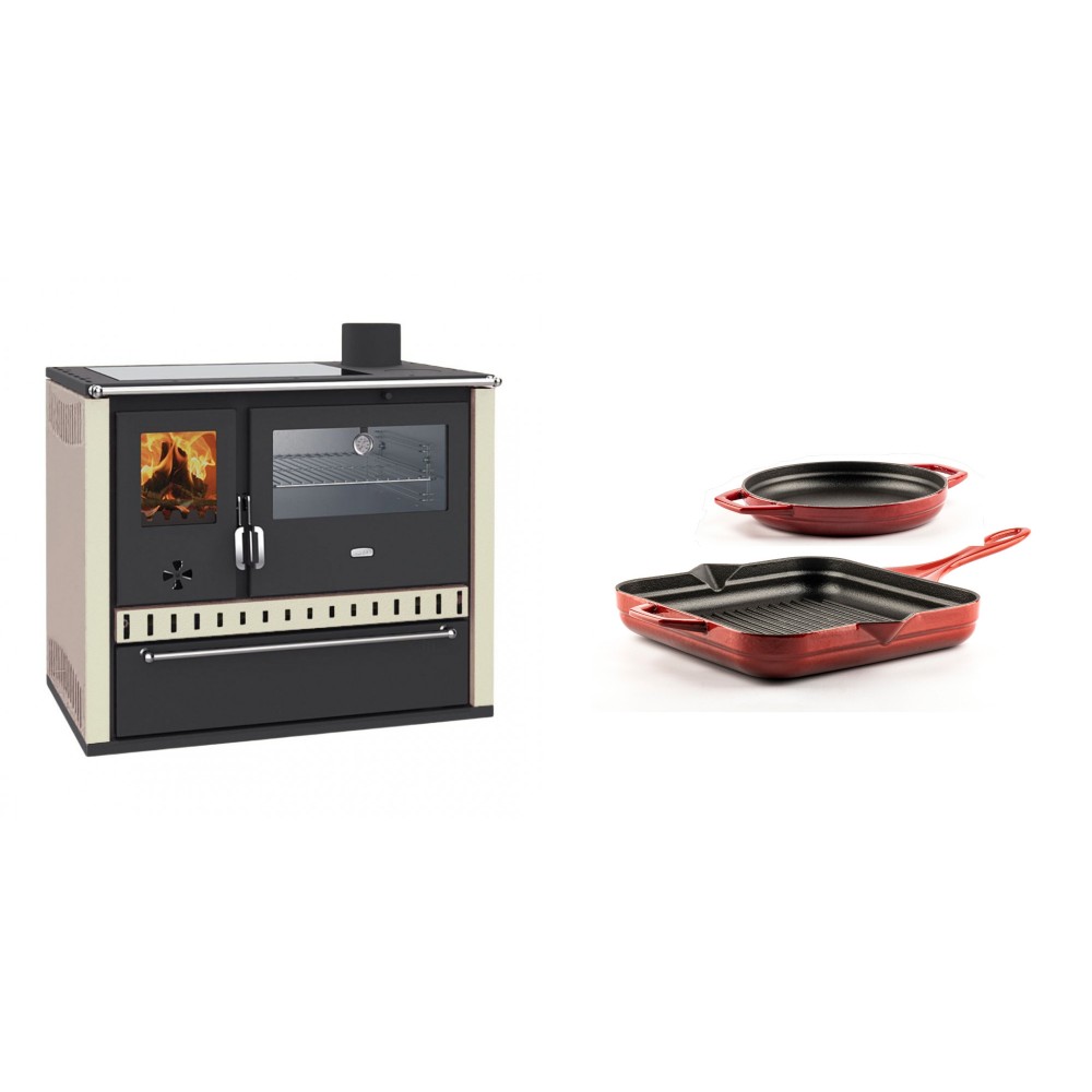 Set Küchenofen / Küchenhexe Wasserführend Prity GT W10 Elfenbein, mit Edelstahl-Backofen, Glaskeramik-Kochfeld und Schublade, 13.3 kW + Gusseisen Topf Set aus 2 teilen Solagio, Rubin