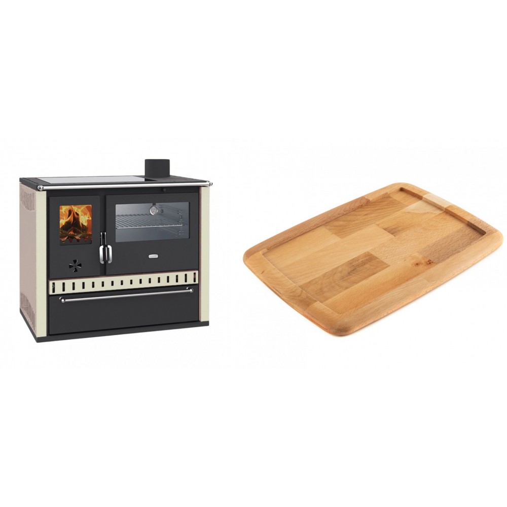 Set Küchenofen / Küchenhexe Wasserführend Prity GT W10 Elfenbein, mit Edelstahl-Backofen, Glaskeramik-Kochfeld und Schublade, 13.3 kW + Holz untersetzer für gusseisenplatte Solagio HSST2131