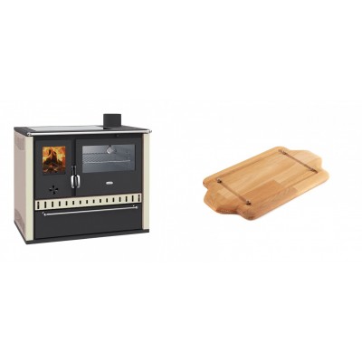 Set Küchenofen / Küchenhexe Wasserführend Prity GT W10 Elfenbein, mit Edelstahl-Backofen, Glaskeramik-Kochfeld und Schublade, 13.3 kW + Holz untersetzer für mini-gusseisenplatte Solagio HSDDHP1522 - Holzofen Prity