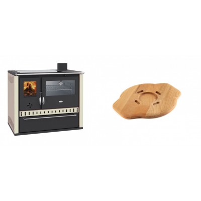 Set Küchenofen / Küchenhexe Wasserführend Prity GT W10 Elfenbein, mit Edelstahl-Backofen, Glaskeramik-Kochfeld und Schublade, 13.3 kW + Holz untersetzer für gusseisenplatte Solagio HSYSAK20 - Holzofen Prity