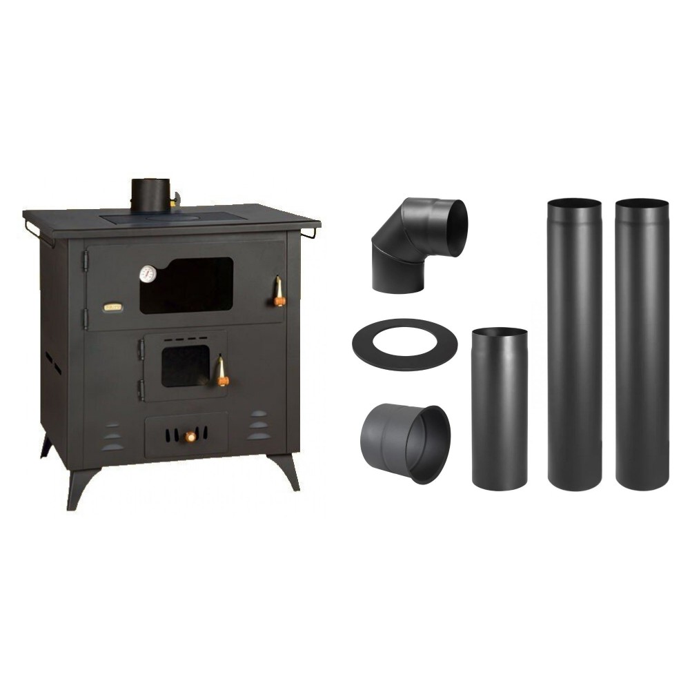 Set Küchenofen / Küchenhexe Prity mit Backofen und Kochplatte, Modell 1P50R, Leistung 14 kW, Füße + Schornstein Bausatz PARKANEX, Stahl Ø130, Dicke 2mm