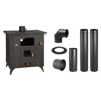 Set Küchenofen / Küchenhexe Prity mit Backofen und Kochplatte, Modell 1P50R, Leistung 14 kW, Füße + Schornstein Bausatz PARKANEX, Stahl Ø130, Dicke 2mm - Kaminofen - Holzofen mit Backfach