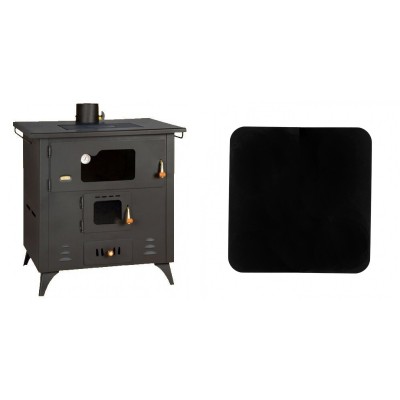 Set Küchenofen / Küchenhexe Prity mit Backofen und Kochplatte, Modell 1P50R, Leistung 14 kW, Füße + Funkenschutzplatte Stahl 2mm, Größe 98x98cm - Kaminofen - Holzofen mit Backfach