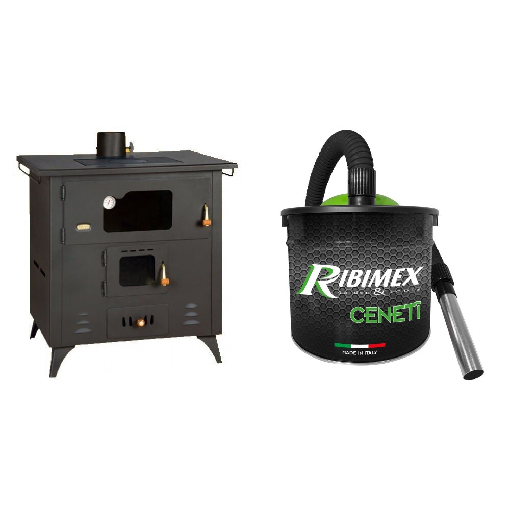 Set Küchenofen / Küchenhexe Prity mit Backofen und Kochplatte, Modell 1P50R, Leistung 14 kW, Füße + Elektrischer Aschesauger Ribimex, Modell Cenetì, Fassungsvermögen 15 L | Küchenofen / Küchenhexe Prity | Kaminofen |