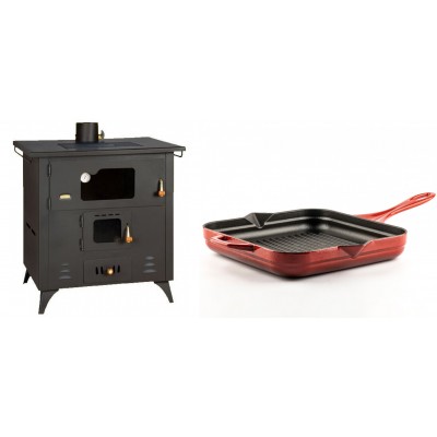 Set Küchenofen / Küchenhexe Prity mit Backofen und Kochplatte, Modell 1P50R, Leistung 14 kW, Füße + Emaillierte grillpfanne Gusseisen Solagio, Rubin, 28x28cm - Kaminofen - Holzofen mit Backfach