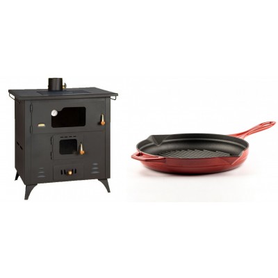 Set Küchenofen / Küchenhexe Prity mit Backofen und Kochplatte, Modell 1P50R, Leistung 14 kW, Füße + Emaillierte grillpfanne Gusseisen Solagio, Rubin, Ф28cm - Kaminofen - Holzofen mit Backfach