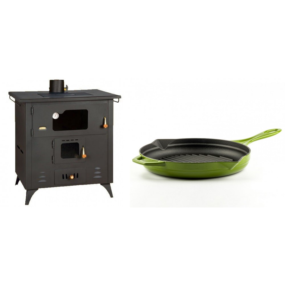 Set Küchenofen / Küchenhexe Prity mit Backofen und Kochplatte, Modell 1P50R, Leistung 14 kW, Füße + Emaillierte grillpfanne Gusseisen Solagio, Bamboo, Ф28cm