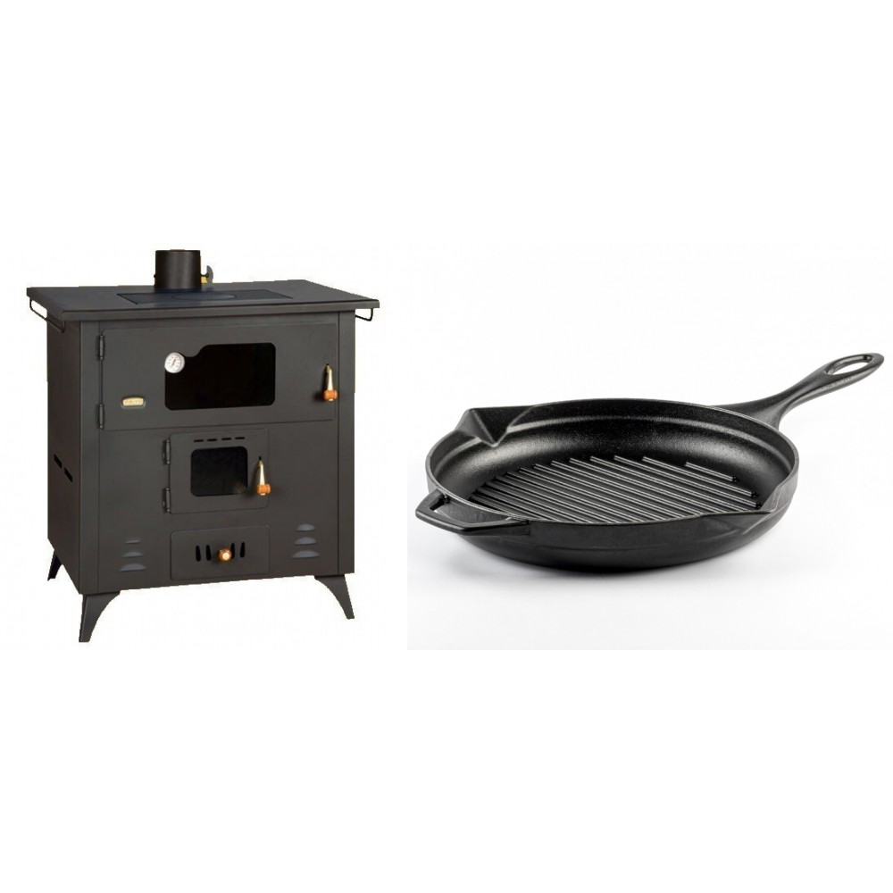 Set Küchenofen / Küchenhexe Prity mit Backofen und Kochplatte, Modell 1P50R, Leistung 14 kW, Füße + Emaillierte grillpfanne Gusseisen Solagio, Black Onyx, Ф28cm