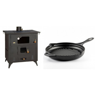 Set Küchenofen / Küchenhexe Prity mit Backofen und Kochplatte, Modell 1P50R, Leistung 14 kW, Füße + Emaillierte grillpfanne Gusseisen Solagio, Black Onyx, Ф28cm - Kaminofen - Holzofen mit Backfach
