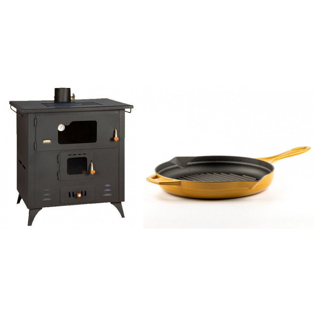 Set Küchenofen / Küchenhexe Prity mit Backofen und Kochplatte, Modell 1P50R, Leistung 14 kW, Füße + Emaillierte grillpfanne Gusseisen Solagio, Dijon, Ф28cm | Kaminofen - Holzofen mit Backfach | Prity |