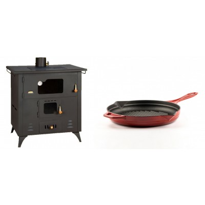 Set Küchenofen / Küchenhexe Prity mit Backofen und Kochplatte, Modell 1P50R, Leistung 14 kW, Füße + Emaillierte grillpfanne Gusseisen Solagio, Rubin, Ф24cm - Kaminofen - Holzofen mit Backfach