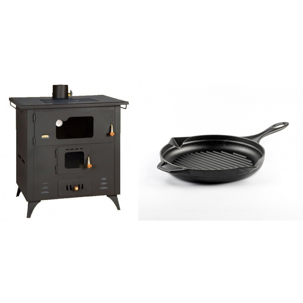 Set Küchenofen / Küchenhexe Prity mit Backofen und Kochplatte, Modell 1P50R, Leistung 14 kW, Füße + Emaillierte grillpfanne Gusseisen Solagio, Black Onyx, Ф24cm