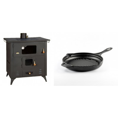 Set Küchenofen / Küchenhexe Prity mit Backofen und Kochplatte, Modell 1P50R, Leistung 14 kW, Füße + Emaillierte grillpfanne Gusseisen Solagio, Black Onyx, Ф24cm - Kaminofen - Holzofen mit Backfach