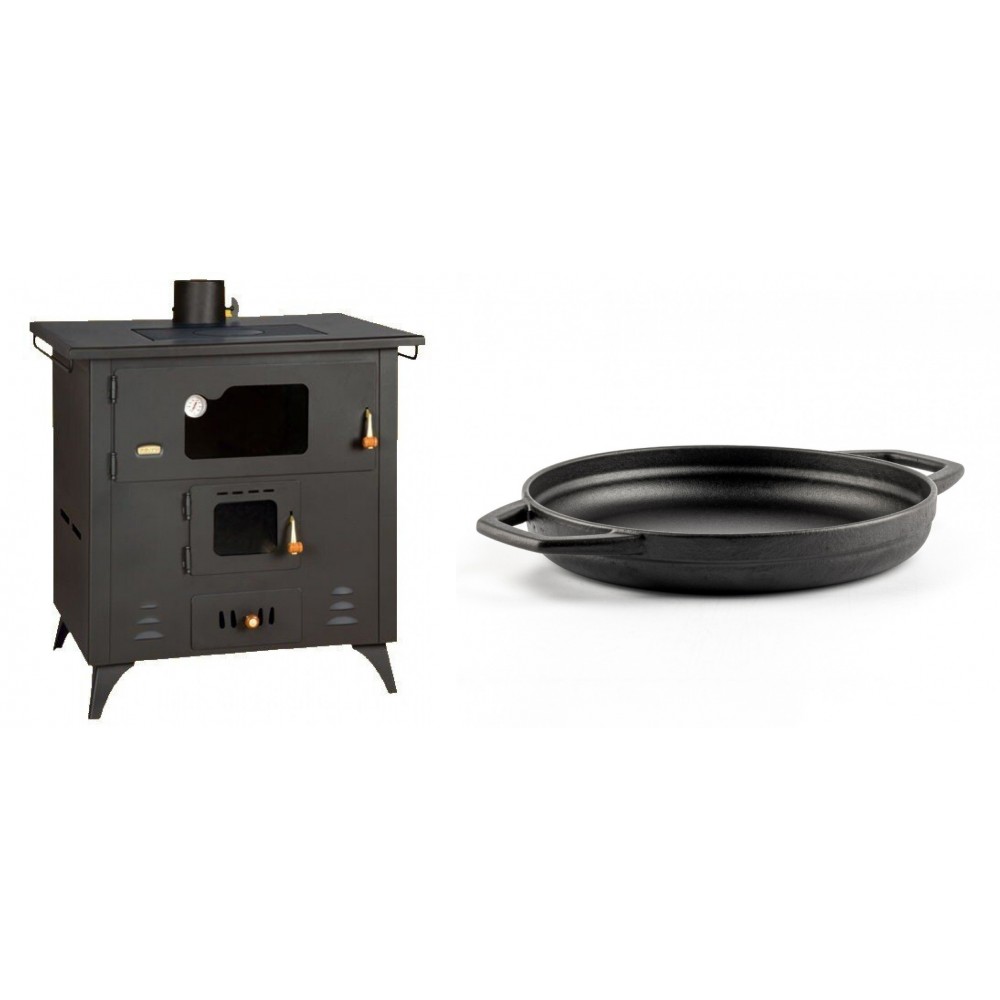 Set Küchenofen / Küchenhexe Prity mit Backofen und Kochplatte, Modell 1P50R, Leistung 14 kW, Füße + Emaillierte gusseisenpfanne mit zwei Griffen Solagio, Black Onyx, Ф22cm
