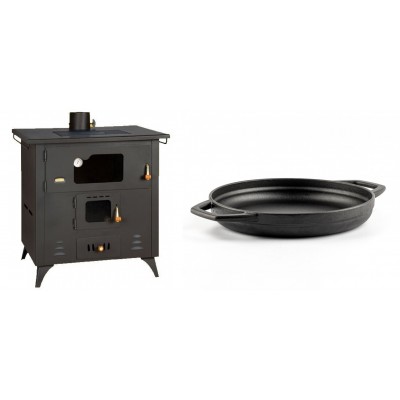 Set Küchenofen / Küchenhexe Prity mit Backofen und Kochplatte, Modell 1P50R, Leistung 14 kW, Füße + Emaillierte gusseisenpfanne mit zwei Griffen Solagio, Black Onyx, Ф22cm - Kaminofen - Holzofen mit Backfach