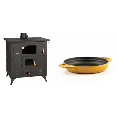 Set Küchenofen / Küchenhexe Prity mit Backofen und Kochplatte, Modell 1P50R, Leistung 14 kW, Füße + Emaillierte gusseisenpfanne mit zwei Griffen Solagio, Dijon, Ф19cm - Kaminofen - Holzofen mit Backfach