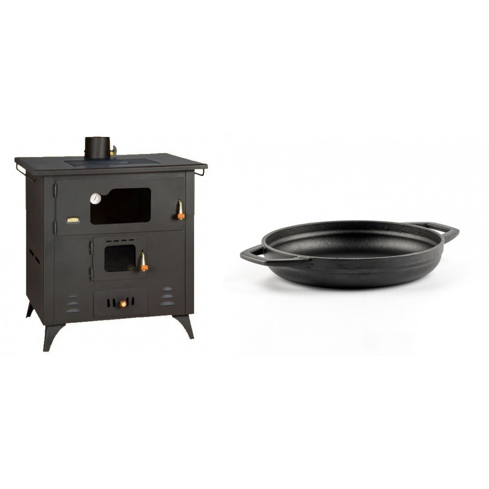 Set Küchenofen / Küchenhexe Prity mit Backofen und Kochplatte, Modell 1P50R, Leistung 14 kW, Füße + Emaillierte gusseisenpfanne mit zwei Griffen Solagio, Black Onyx, Ф19cm | Kaminofen - Holzofen mit Backfach | Prity |