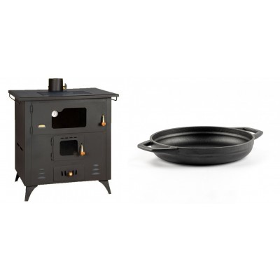 Set Küchenofen / Küchenhexe Prity mit Backofen und Kochplatte, Modell 1P50R, Leistung 14 kW, Füße + Emaillierte gusseisenpfanne mit zwei Griffen Solagio, Black Onyx, Ф19cm - Kaminofen - Holzofen mit Backfach