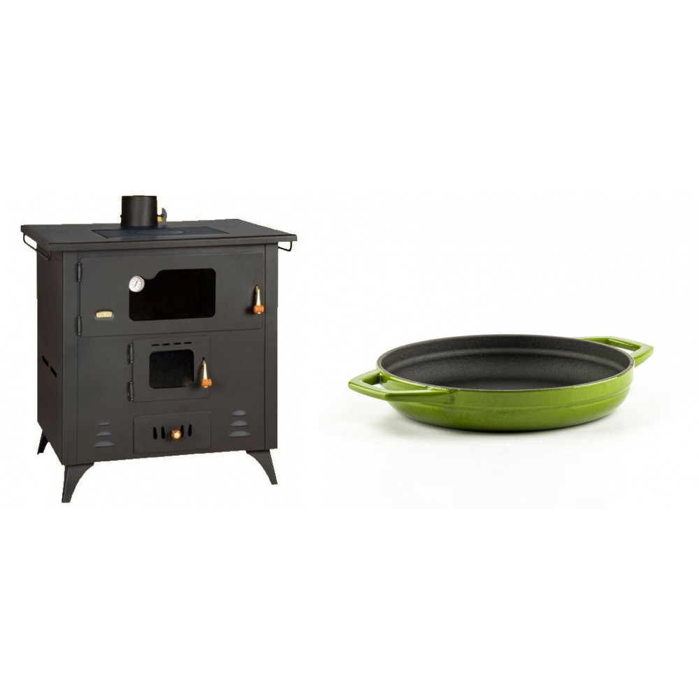 Set Küchenofen / Küchenhexe Prity mit Backofen und Kochplatte, Modell 1P50R, Leistung 14 kW, Füße + Emaillierte gusseisenpfanne mit zwei Griffen Solagio, Bamboo, Ф19cm | Kaminofen - Holzofen mit Backfach | Prity |