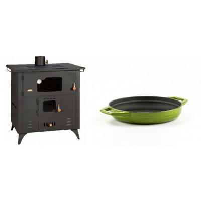 Set Küchenofen / Küchenhexe Prity mit Backofen und Kochplatte, Modell 1P50R, Leistung 14 kW, Füße + Emaillierte gusseisenpfanne mit zwei Griffen Solagio, Bamboo, Ф19cm - Kaminofen - Holzofen mit Backfach